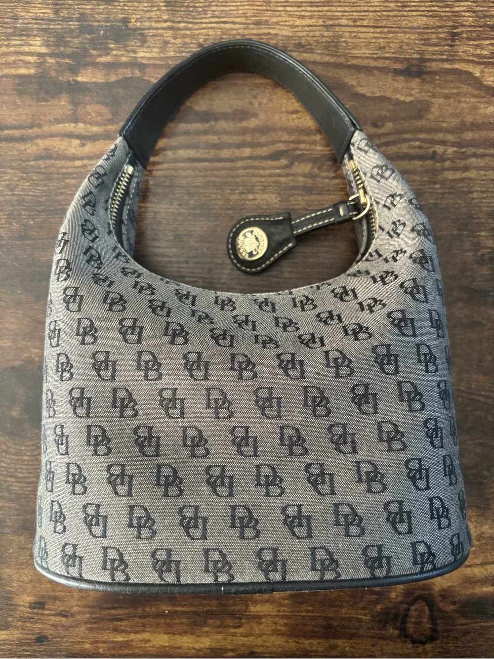 Dooney & Bourke Monogram Bucket Bag in Gray and Black and wallet